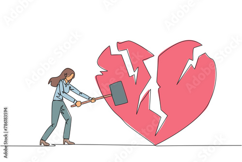 Single one line drawing businesswoman preparing to hit the big heart. Rampage. Broken heart. Loss of concentration. Emotional feeling. No direction. Angry. Continuous line design graphic illustration