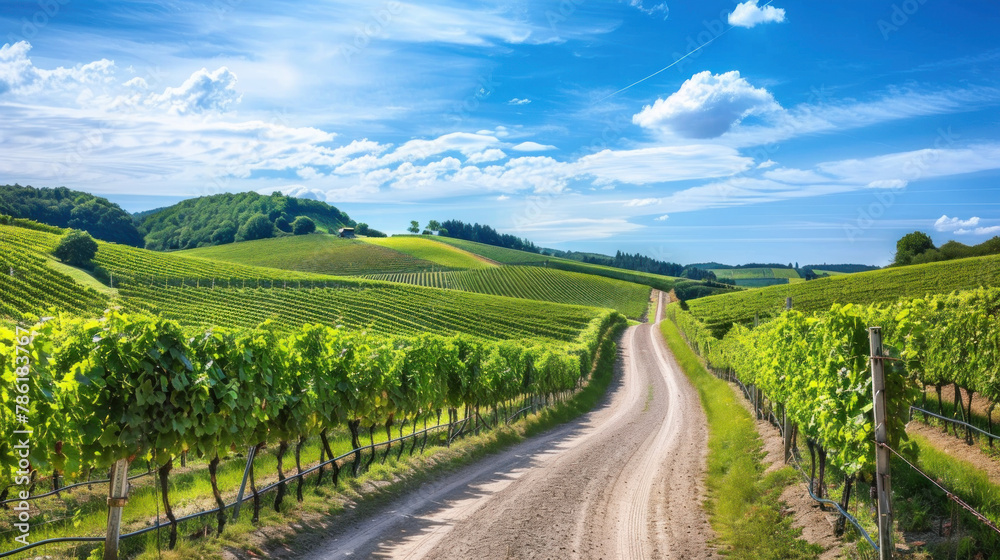 Road Amidst Lush Vineyard Greenery