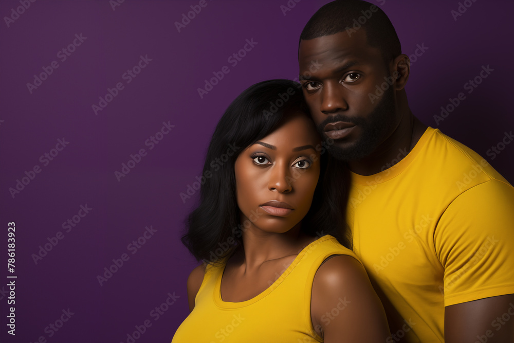 Obraz premium African American man and woman dressed in yellow and violet hugging isolated on a solid background with space for text