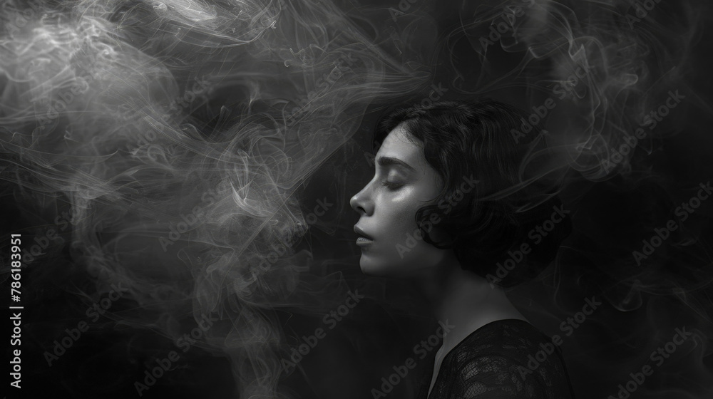 A serene woman with her eyes closed, enveloped by swirling mist in a monochrome setting