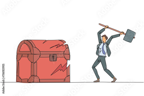 Single one line drawing businessman preparing to hit a big treasure chest. Rampage. Running out of capital. Steal. Doing dirty business. Not a commendable. Continuous line design graphic illustration