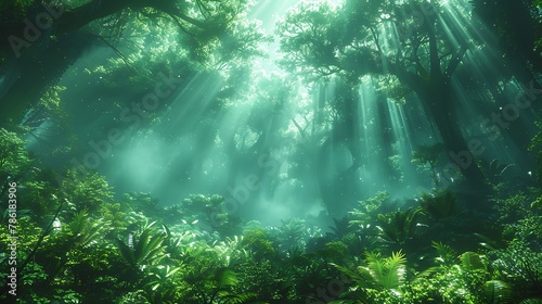 Delve into the depths of an AI-generated rainforest, where towering trees form a verdant canopy overhead and exotic flora and fauna thrive in abundance, untouched by human hands.