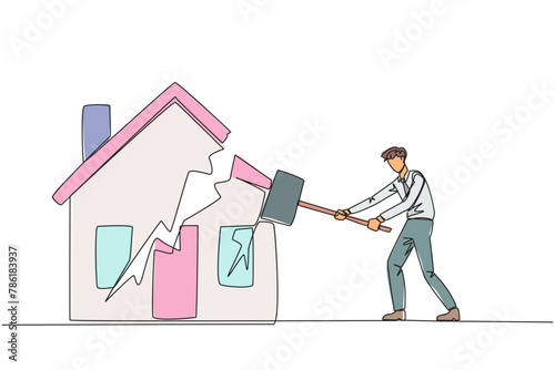Single continuous line drawing businessman preparing to hit miniature house. Metaphor of house as collateral for payment. Business fails. Home is gone. Bankrupt. One line design vector illustration
