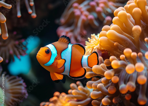 A stunning close-up shot of a colorful clown fish swimming in a coral reef ecosystem