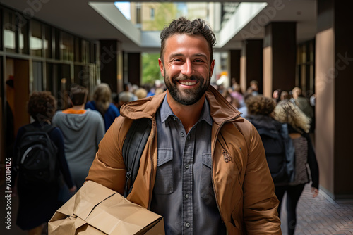 A man wearing a brown jacket carrying a brown box photo