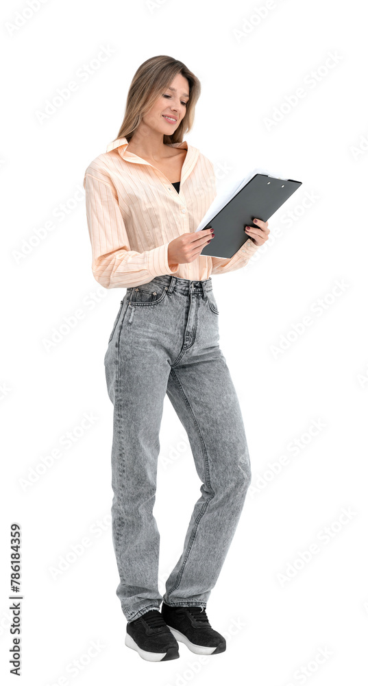 A woman in casual attire holding a clipboard and reading, against a white background, depicting concentration or work concept A woman in casual attire holding a clipboard and reading, against a white background, depicting concentration or work concept