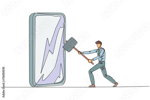 Continuous one line drawing businessman preparing to hit big smartphone. Rampage. Technology can destructive if not use properly. Intelligence is required. Single line draw design vector illustration