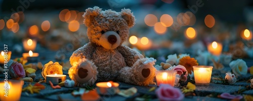 Teddy bear memorial in city s makeshift tribute to child tragedy victims surrounded by candles and small toys