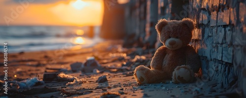 Solitary Teddy Bear Amid the Ruins of a Coastal City After a Devastating Tsunami at Sunset