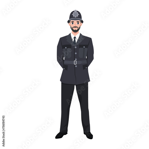 Young bearded british policeman standing with uniform. Flat vector illustration isolated on white background