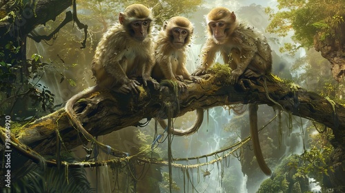 Monkeys would adapt their environment to suit their needs, much like humans do. They might build simple shelters or nests in trees, fashion tools from natural materials, and create pathways or bridges photo