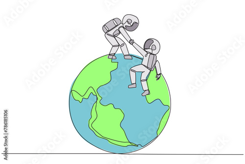 Continuous one line drawing young astronaut helps colleague climb big globe. Metaphor of reaching top of the world through increasing business. Teamwork. Single line draw design vector illustration