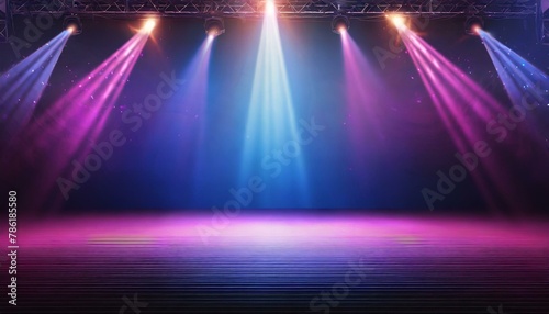 Wallpaper spotlight illuminated the stage for opera performance. Stage lighting. Empty stage with bright colors backdrop decoration. Entertainment show.