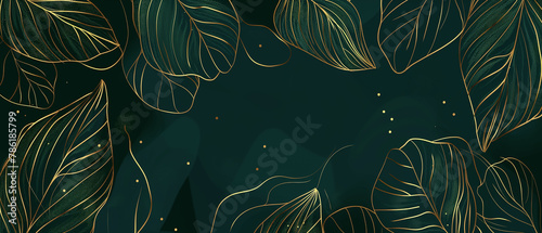 Luxury nature leaf background design with golden line arts on dark green background , Tropical leaf wallpaper, dark green wallpaper , print, cover, Hand drawn outline design, Graphic Illustration 