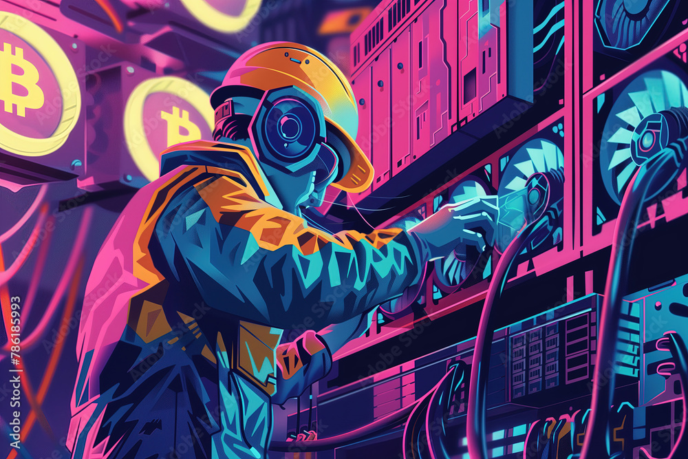 vibrant illustration of an engineer working on a local retrofuturistic gear in bitcoin mining facility
