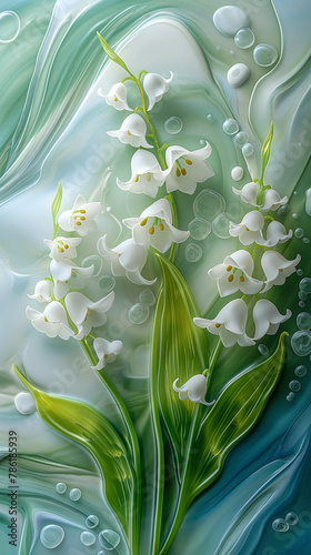 beautiful lily of the valley with River made from metal   green white and blue   minimalist style