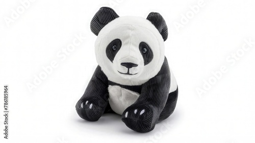  A delightful ensemble of baby toy soft material black and white pandas, each one uniquely crafted with attention to detail, arranged neatly on a clean white backdrop. photo