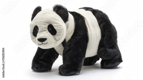 A lovable baby toy soft material black and white panda, with fuzzy fur and adorable embroidered features, nestled against a pristine white background.  photo