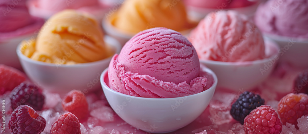 Berry, raspberry, mango ice cream dessert, gelato, sorbet. Sweet food. Pink icecream with berries.
Berry, raspberry, mango ice cream dessert, gelato, sorbet. Sweet food. Pink icecream with berries.