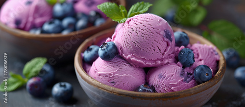 Blueberry ice cream dessert  gelato  sorbet. Sweet food. Purple icecream with berries.  