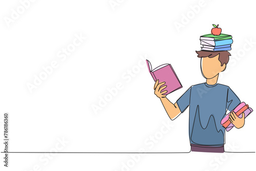 Single one line drawing man reading book practicing balance. Stack books on top of head along with the apple. Balancing reading rhythm, train focus. Read. Continuous line design graphic illustration