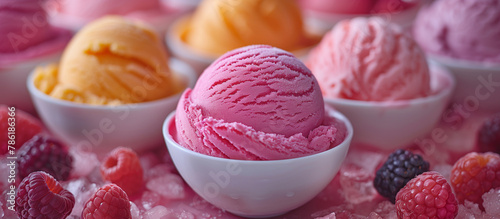 Berry, raspberry, mango ice cream dessert, gelato, sorbet. Sweet food. Pink icecream with berries.	
