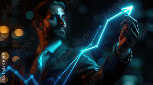 Growth images, A businessman is holding a glowing blue line going upward. And that line looks like a crooked arrow, meaning they were turning into a line. futuristic,  photo