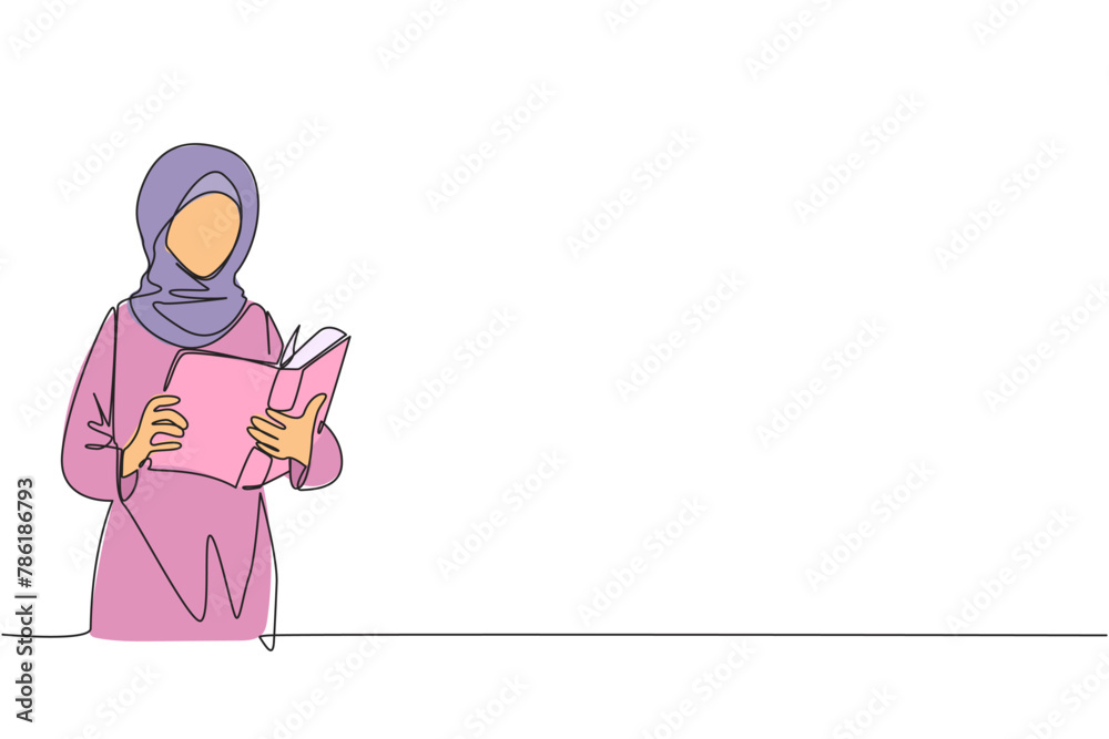 Single continuous line drawing Arabian woman focus on reading. Try to find answer to the tasks given. Seek more knowledge. Reading increases insight. Happy reading. One line design vector illustration Single continuous line drawing Arabian woman focus on reading. Try to find answer to the tasks given. Seek more knowledge. Reading increases insight. Happy reading. One line design vector illustration