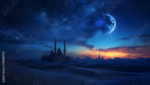 beautiful night sky with moon and mosque in background  Eid mubarak  muslim  islam