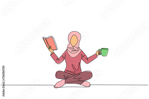 Single continuous line drawing Arabian woman sitting cross-legged reading book. Accompanied by mug of coffee to make reading more interesting. Knowledge. Calmness. One line design vector illustration