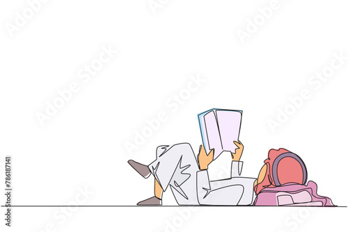 Single continuous line drawing Arab man lying on back reading book. Reading favorite comic. Big fan of fiction books. Enjoy the storyline. Reading increase insight. One line design vector illustration