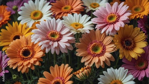 Alluring graceful gerbera and cosmos flowers in full bloom, close up. Natural summery texture for background.