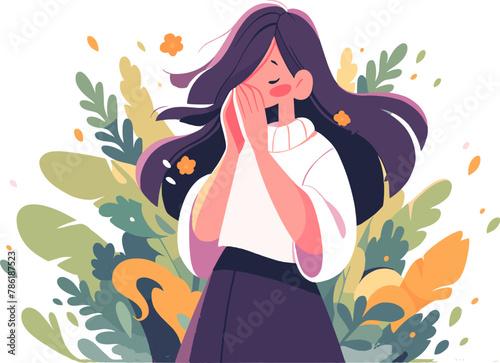 A woman sneezing among spring flowers, depicting allergy season. Sickness. Flat vector illustration.