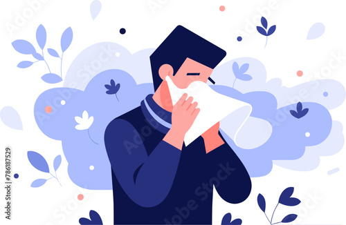 Sneezing man allergic to plants, seasonal allergy. Flu or cold symptom. Man covering cough with napkin. Medical poster flat vector illustration.
