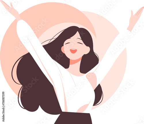 A cheerful woman with arms raised. Happiness, spring season. Flat vector illustration.