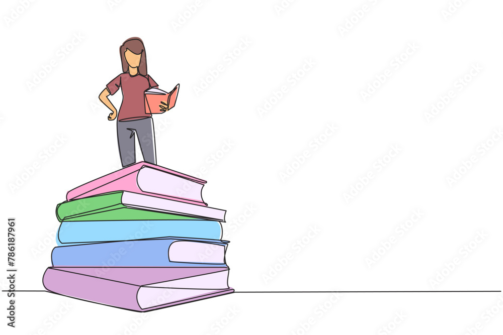 Continuous one line drawing woman standing on pile of books reading fiction story book. Intrigued by book series. Read anywhere to finish reading. Reading. Single line draw design vector illustration Continuous one line drawing woman standing on pile of books reading fiction story book. Intrigued by book series. Read anywhere to finish reading. Reading. Single line draw design vector illustration