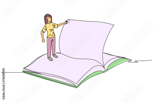 Continuous one line drawing woman standing over open ledger turning the page. Read slowly to understand the contents of each page. Reading increase insight. Single line draw design vector illustration