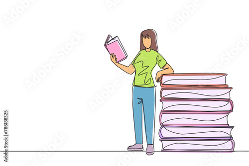 Continuous one line drawing woman standing reading a book while leaning against a pile of large books. Hobby of reading anywhere. Very happy when reading. Single line draw design vector illustration