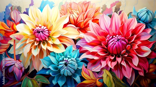 Close up of vibrant  multicolored flowers with detailed petals in various shades of yellow  orange  pink  and blue