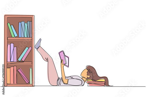 Continuous one line drawing woman lying on back reading fiction story book near bookcase. Read slowly to enjoy storyline. Hobby reading. Very good habit. Single line draw design vector illustration