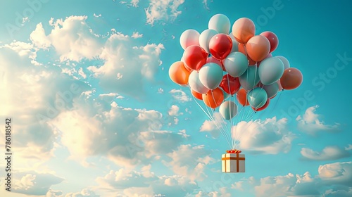 Bunch of balloons attatched to gift box with present flying in the sky with clouds