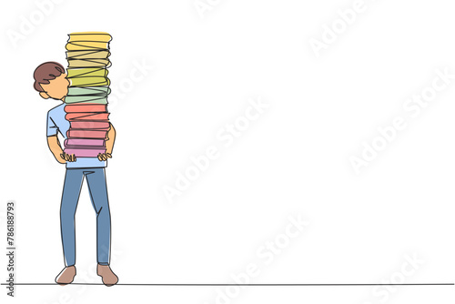 Continuous one line drawing man carrying tall stack of books covering himself. Newly purchase book from bookstore. Read books one by one at home. Love read. Single line draw design vector illustration