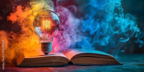 Glowing Light Bulb Hovering Over a Vibrant and Colorful Textbook Symbolizing the Beauty and Excitement of Acquiring New Knowledge and Igniting the