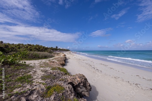 The beautiful beach front of the Cuban town of Varadero in Cuba showing the sandy beach on a sunny summers day