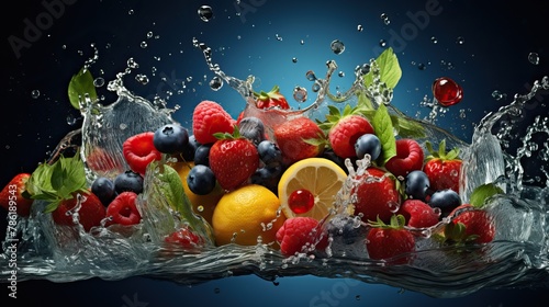 Beautiful berries and fruits falling with splashes into the water. On a dark background.