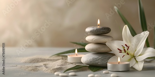 Tranquil Zen Stones and Lily Candle Arrangement on Soft Beige Background Portraying a Harmonious Spa like Environment