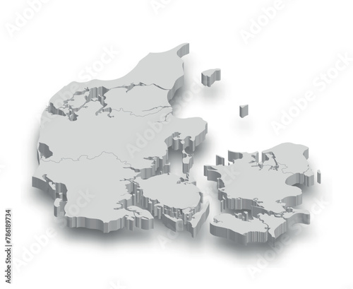 3d Denmark white map with regions isolated