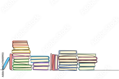 Continuous one line drawing lots of books piled up. Packaged after being brought from the book festival. Books to read while in space. Study. Fiction. Single line draw design vector illustration