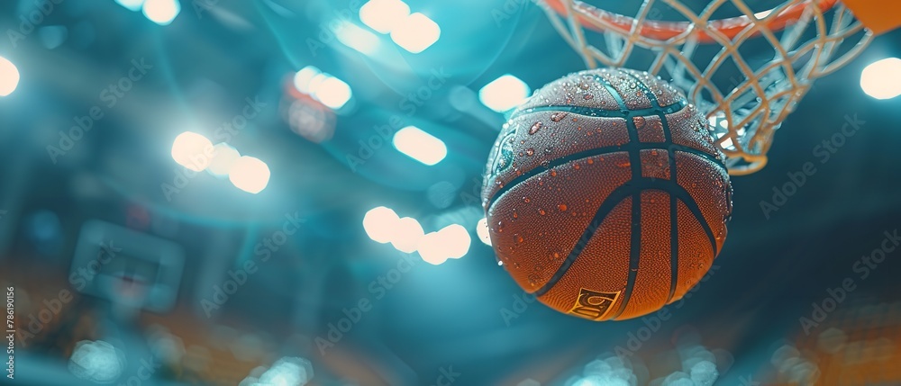 A close shot of a basket ball into net with background light a night view and space for text or sports product backdrop, Generative AI.