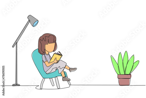 Single one line drawing smart girl sitting reading in a room with a reading lamp. Spending school holidays increasing knowledge by reading books. Love read. Continuous line design graphic illustration